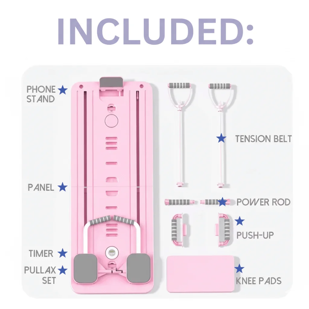 Image of a pink pilates reformer with many accessories included and outlined.